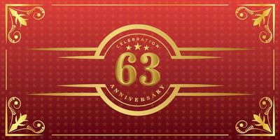 63rd anniversary logo with golden ring, confetti and gold border isolated on elegant red background, sparkle, vector design for greeting card and invitation card