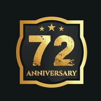 Celebrating 72nd years anniversary with golden border and stars on dark background, vector design.