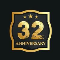 Celebrating 32nd years anniversary with golden border and stars on dark background, vector design.