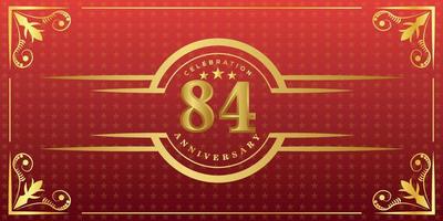 84th anniversary logo with golden ring, confetti and gold border isolated on elegant red background, sparkle, vector design for greeting card and invitation card