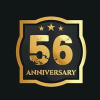 Celebrating 56th years anniversary with golden border and stars on dark background, vector design.