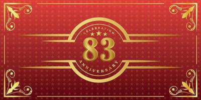 83rd anniversary logo with golden ring, confetti and gold border isolated on elegant red background, sparkle, vector design for greeting card and invitation card