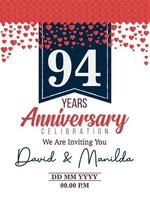 94th Years Anniversary Logo Celebration With Love for celebration event, birthday, wedding, greeting card, and invitation vector