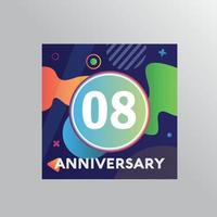 Logotipo de aniversario de 08 años, celebración de cumpleaños de diseño vectorial con fondo colorido y forma abstracta. vector