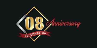 Logotipo del octavo aniversario con caja dorada y plateada, confeti y cinta roja aislada en un elegante fondo negro, diseño vectorial para tarjetas de felicitación y tarjetas de invitación vector