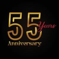 Logotipo de celebración del 55 aniversario con diseño elegante en color dorado y rojo. aniversario vectorial para celebración, tarjeta de invitación y tarjeta de felicitación. vector