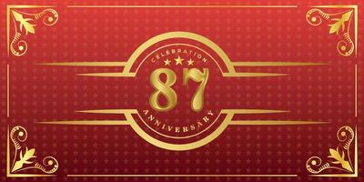 87th anniversary logo with golden ring, confetti and gold border isolated on elegant red background, sparkle, vector design for greeting card and invitation card