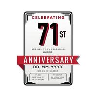 Celebración del logotipo del aniversario de 71 años y tarjeta de invitación con cinta roja aislada en fondo blanco vector