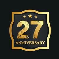 Celebrating 27th years anniversary with golden border and stars on dark background, vector design.