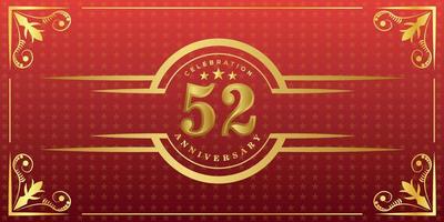 52nd anniversary logo with golden ring, confetti and gold border isolated on elegant red background, sparkle, vector design for greeting card and invitation card