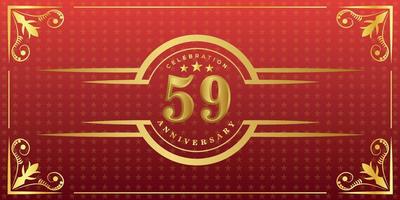 59th anniversary logo with golden ring, confetti and gold border isolated on elegant red background, sparkle, vector design for greeting card and invitation card