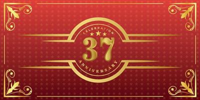 37th anniversary logo with golden ring, confetti and gold border isolated on elegant red background, sparkle, vector design for greeting card and invitation card