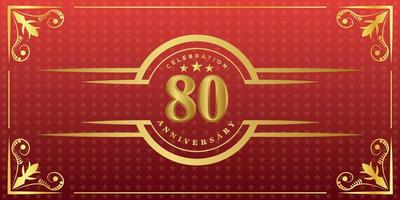 80th anniversary logo with golden ring, confetti and gold border isolated on elegant red background, sparkle, vector design for greeting card and invitation card