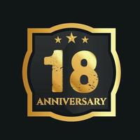 Celebrating 18th years anniversary with golden border and stars on dark background, vector design.