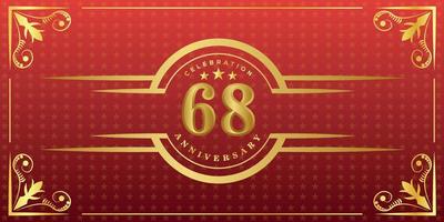 68th anniversary logo with golden ring, confetti and gold border isolated on elegant red background, sparkle, vector design for greeting card and invitation card