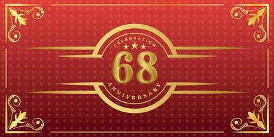 68th anniversary logo with golden ring, confetti and gold border isolated on elegant red background, sparkle, vector design for greeting card and invitation card