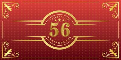 56th anniversary logo with golden ring, confetti and gold border isolated on elegant red background, sparkle, vector design for greeting card and invitation card