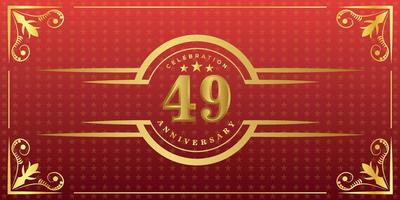 49th anniversary logo with golden ring, confetti and gold border isolated on elegant red background, sparkle, vector design for greeting card and invitation card