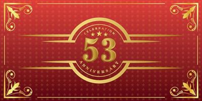 53rd anniversary logo with golden ring, confetti and gold border isolated on elegant red background, sparkle, vector design for greeting card and invitation card