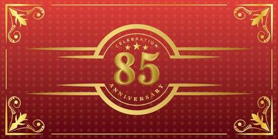 85th anniversary logo with golden ring, confetti and gold border isolated on elegant red background, sparkle, vector design for greeting card and invitation card