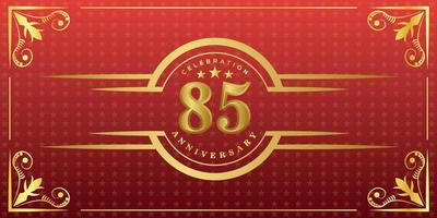 85th anniversary logo with golden ring, confetti and gold border isolated on elegant red background, sparkle, vector design for greeting card and invitation card