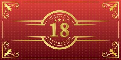 18th anniversary logo with golden ring, confetti and gold border isolated on elegant red background, sparkle, vector design for greeting card and invitation card