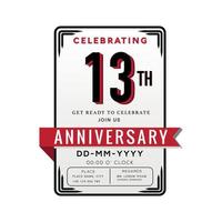 13 Years Anniversary Logo Celebration and Invitation Card with red ribbon Isolated on white Background vector