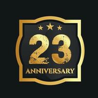 Celebrating 23rd years anniversary with golden border and stars on dark background, vector design.