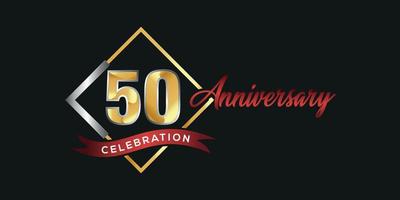 Logotipo del 50 aniversario con caja dorada y plateada, confeti y cinta roja aislada en un elegante fondo negro, diseño vectorial para tarjetas de felicitación y tarjetas de invitación vector