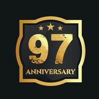 Celebrating 97th years anniversary with golden border and stars on dark background, vector design.