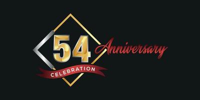 54th anniversary logo with golden and silver box, confetti and red ribbon isolated on elegant black background, vector design for greeting card and invitation card