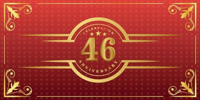 46th anniversary logo with golden ring, confetti and gold border isolated on elegant red background, sparkle, vector design for greeting card and invitation card