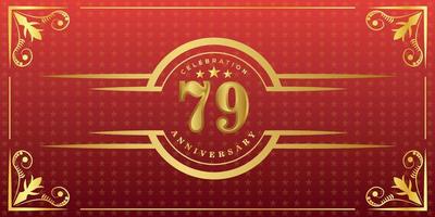 79th anniversary logo with golden ring, confetti and gold border isolated on elegant red background, sparkle, vector design for greeting card and invitation card