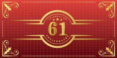 61th anniversary logo with golden ring, confetti and gold border isolated on elegant red background, sparkle, vector design for greeting card and invitation card