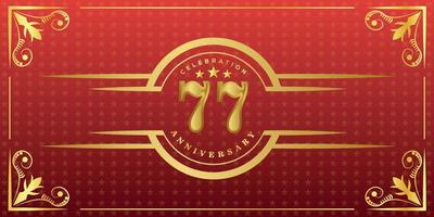 Logotipo del 77.º aniversario con anillo dorado, confeti y borde dorado aislado en un elegante fondo rojo, brillo, diseño vectorial para tarjetas de felicitación y tarjetas de invitación vector