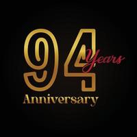 Logotipo de celebración del 94 aniversario con diseño elegante de color dorado y rojo escrito a mano. aniversario vectorial para celebración, tarjeta de invitación y tarjeta de felicitación. vector