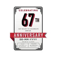 67 Years Anniversary Logo Celebration and Invitation Card with red ribbon Isolated on white Background vector