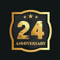 Celebrating 24th years anniversary with golden border and stars on dark background, vector design.