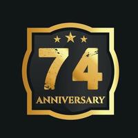 Celebrating 74th years anniversary with golden border and stars on dark background, vector design.