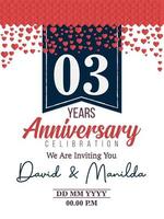 Celebración del logotipo del aniversario del tercer año con amor por el evento de celebración, cumpleaños, boda, tarjeta de felicitación e invitación vector