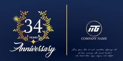 34th anniversary logo with elegant ornament monogram and logo name template on elegant blue background, sparkle, vector design for greeting card.