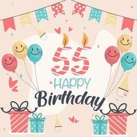 55th happy birthday vector design for greeting cards and poster with balloon and gift box design.