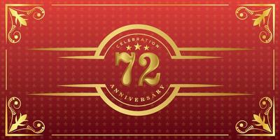 72nd anniversary logo with golden ring, confetti and gold border isolated on elegant red background, sparkle, vector design for greeting card and invitation card