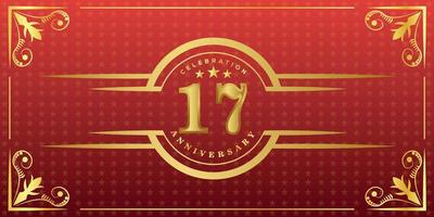 17th anniversary logo with golden ring, confetti and gold border isolated on elegant red background, sparkle, vector design for greeting card and invitation card