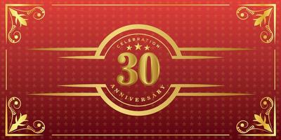 30th anniversary logo with golden ring, confetti and gold border isolated on elegant red background, sparkle, vector design for greeting card and invitation card