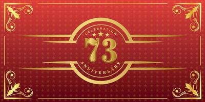 73rd anniversary logo with golden ring, confetti and gold border isolated on elegant red background, sparkle, vector design for greeting card and invitation card