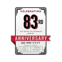 Celebración del logotipo del aniversario de 83 años y tarjeta de invitación con cinta roja aislada en fondo blanco vector