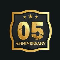 Celebrating 05th years anniversary with golden border and stars on dark background, vector design.