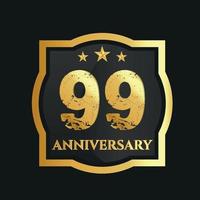 Celebrating 99th years anniversary with golden border and stars on dark background, vector design.