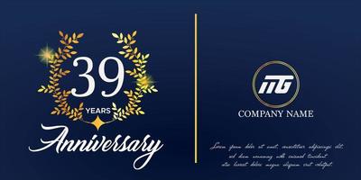 39th anniversary logo with elegant ornament monogram and logo name template on elegant blue background, sparkle, vector design for greeting card.